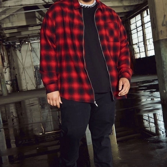 September Long Sleeve Zipper Flannel Shirt-Black/Red - Picture 7 of 7